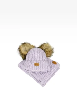 Fioletowy zestaw BARTEK 85603-86  z wełną merino - czapka z dwoma pomponami i komin