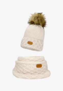 Jasnobeżowy komplet BARTEK 8560284 czapka + komin z wełną merino