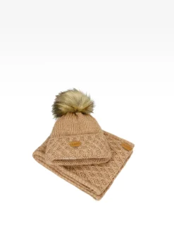 Jasnobrązowy zestaw BARTEK 85602-83 z wełną merino - czapka + komin