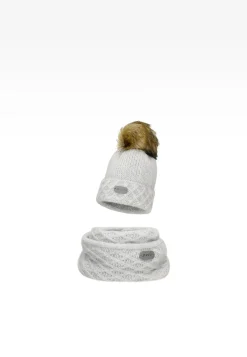 Szary zestaw BARTEK z wełną merino 85602-80 czapka z puchatym pomponem + komin