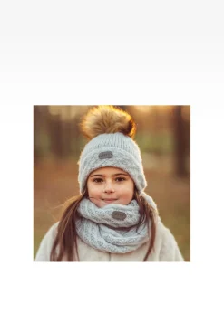 Szary zestaw BARTEK z wełną merino 85602-80 czapka z puchatym pomponem + komin