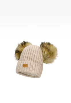 Zestaw zimowy z wełną merino BARTEK 85603-84 beżowa czapka z dwoma pomponami i komin