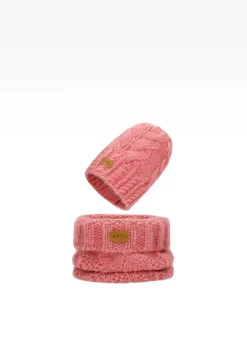Zimowy zestaw dziewczęcy BARTEK z wełny merino 85604-85, różowa czapka + komin